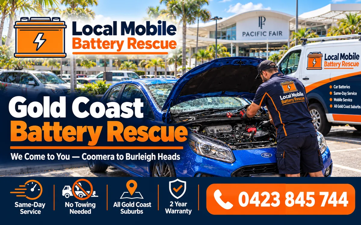 Technician fitting a new car battery in the Pacific Fair shopping centre car park, Broadbeach. Gold Coast battery rescue, no towing needed, call 0423 845 744