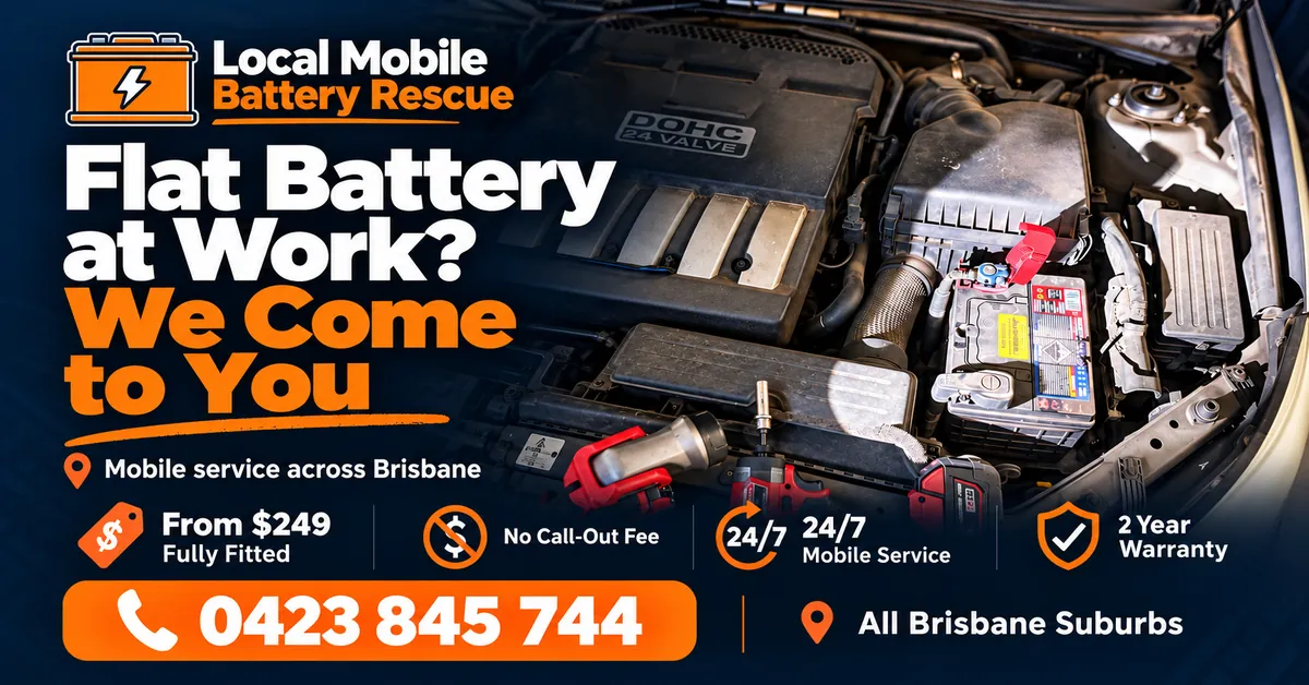 Flat battery at work? Mobile car battery replacement across Brisbane, from $249 fully fitted, 24/7, 2 year warranty, call 0423 845 744